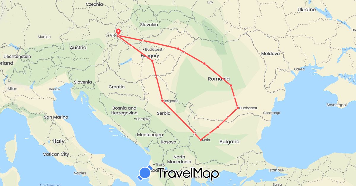 TravelMap itinerary: driving, hiking in Bulgaria, Hungary, Romania, Serbia, Slovakia (Europe)